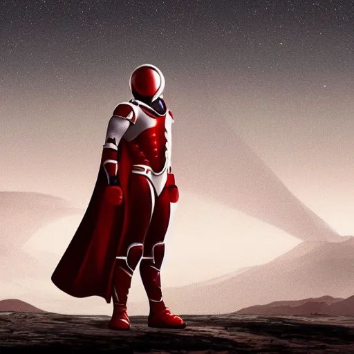 Image similar to portrait of a tall athletic muscular infantry man in glossy sleek white armor with tiny red details and a long red cape, heroic posture, on the surface of mars, night time, dramatic lighting, cinematic, sci-fi, hyperrealistic, movie still