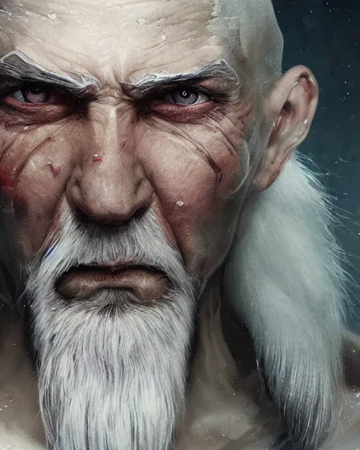 Prompt: old shaved man with white hair with a big scar on his blind left eye, very masculine, square jaw, hard edges, wrath, muscles, ethereal, science fiction, supervilain, fantasy art by greg rutkowski and magali villeneuve and claude monet