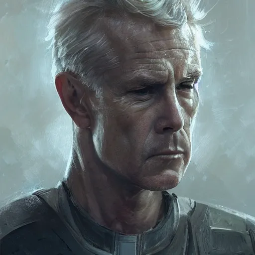 Image similar to Portrait of a man by Greg Rutkowski, he is about 50 years old, short blond hair, athletic and strong, straight jaw, wearing a futuristic tactical gear, expression of determination with weariness and resignation, older brother vibes, highly detailed portrait, digital painting, artstation, concept art, smooth, sharp foccus ilustration, Artstation HQ.