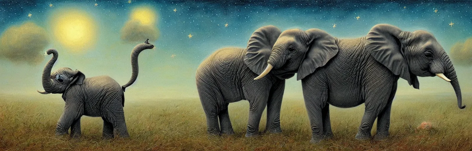 Image similar to a baby elephant sleeping soundly under a starry sky surrounded by savannah, illustration, detailed, smooth, soft, warm, by Adolf Lachman, Shaun Tan, Surrealism