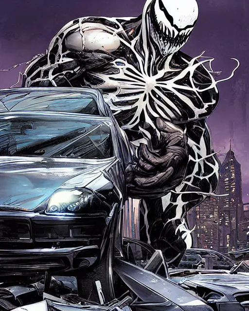 Image similar to a portrait of Venom standing on top of a wrecked car in the city art by Clayton Crain, Javier Garron and Gerardo Sandoval