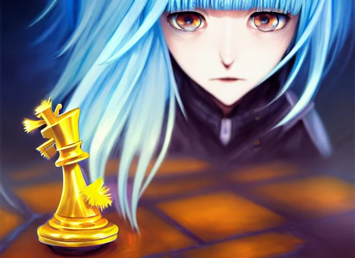 Image similar to rimuru playing chess, with amber eyes of gold color, straight hair, sky blue hair, long bangs, high collar, concept art, award winning photography, digital painting, cinematic, by wlop, anime key visual, wlop, 8 k, by ross tran, tom bagshaw, andy warhol