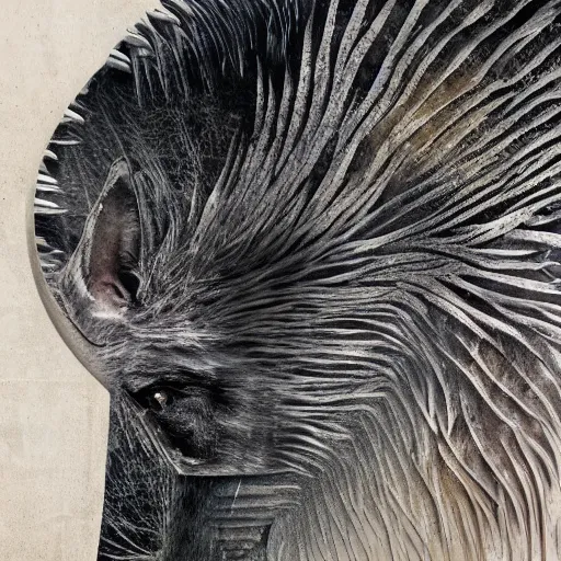 Prompt: a portrait photo of a merged bird wolf morphing human watching mirror in a mirror in animal skin leather, grown together mirror reflection with spotted fur gills reflecting orca rhino scales, merged mirror reflection wires electronic ivy roots, morphing water drippings ice