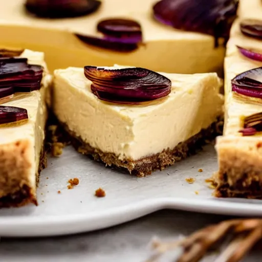 Image similar to close view of a delicious sweet and perfect onion cheesecake piece, onion pieces on top, onion slices on top, award winning, 4 k, beautiful