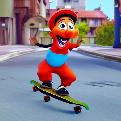 Prompt: a cartoon character riding a skateboard down a street, a screenshot by Seuss Dr, polycount, hurufiyya, ps1 graphics, playstation 5 screenshot, xbox 360 graphics