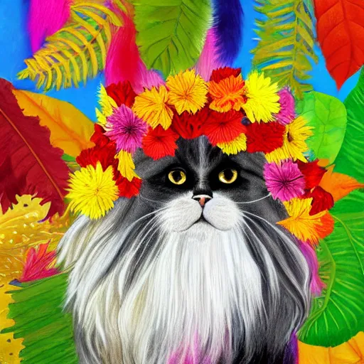 Prompt: long haired persian cat with long colorful fur made of leaves and flower crown detailed painting 4 k