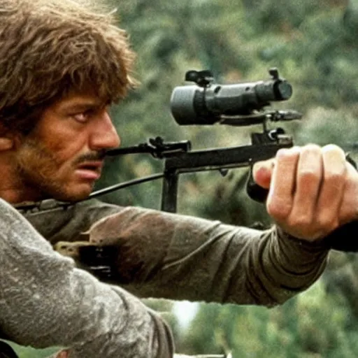 Image similar to A still of Garfield in Rambo First Blood (1982)