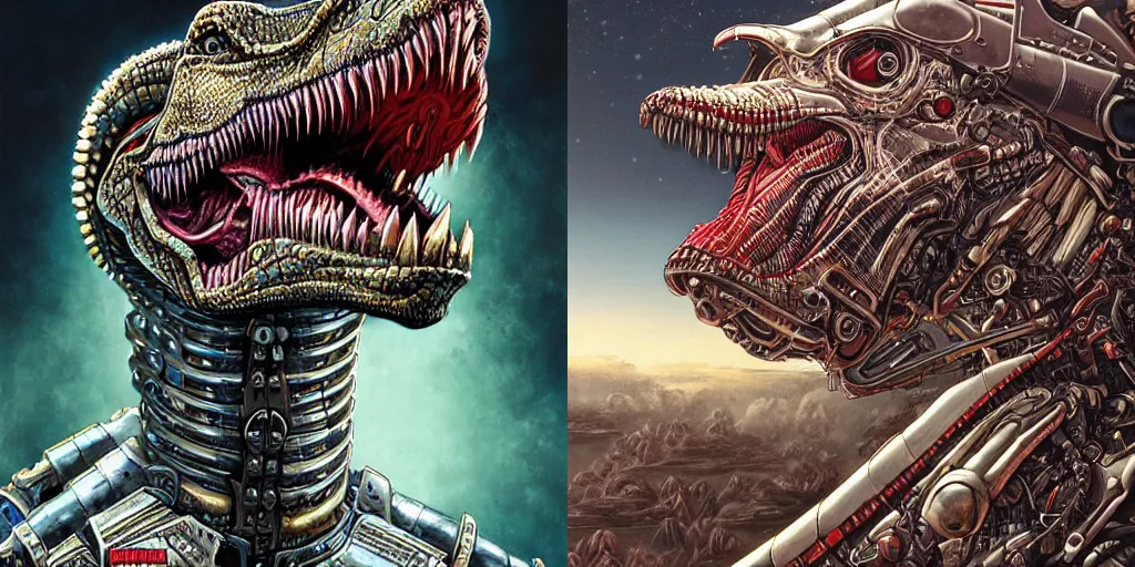 Prompt: portrait of a cyborg dinosaur wearing mechanical armor, dinosaur is highly detailed, by ayami kojima, masamune shirow, josan gonzalez, yoshitaka amano, dan mumford, barclay shaw
