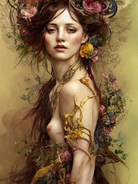 Prompt: Full view Bohemian Maiden goddess of the woods in beautiful dress, 4k digital illustration by Ruan Jia and Alberto Seveso, art nouveau iconography background, stunning portrait, amazing magnificent mystical illustration, award winning art, gold details, rim light, tarot card, intricate details, realistic, full view, Artstation, CGsociety