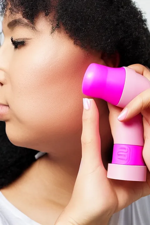 Prompt: Sideview of a Woman using a Pink Vapor Inhaler