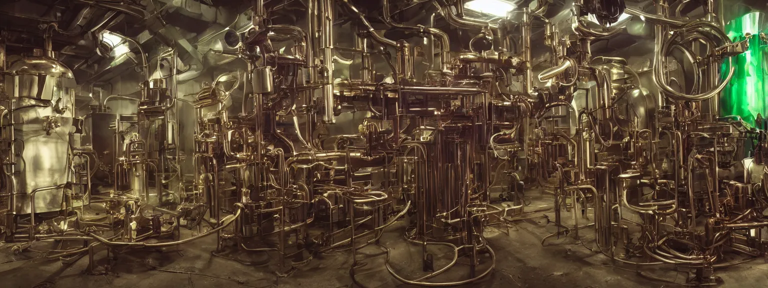 Image similar to a super high resolution film still of machine apparatus for making snake oil, huge copper machine fed by a hopper of snakes, purple and green pipework, directed by denis villeneuve, 8 k, snake machine, cinematic lighting