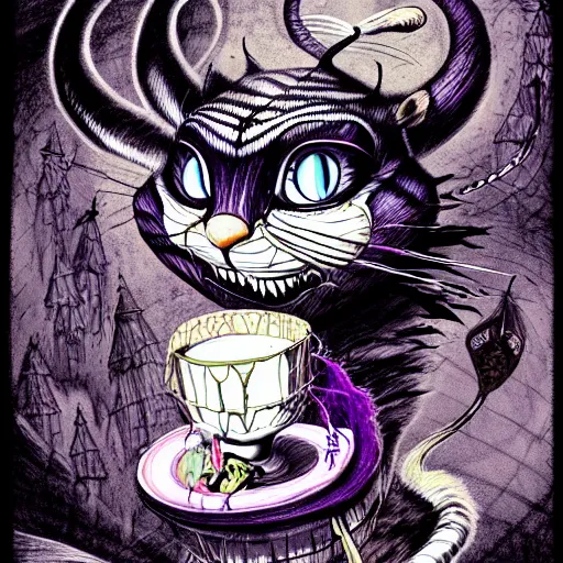 Image similar to graphic illustration, creative design, alice in wonderland as cheshire cat, biopunk, francis bacon, highly detailed, hunter s thompson, concept art