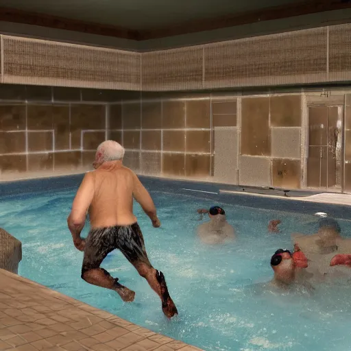 Image similar to photo, two old men fight pig mutants 5 3 8 2 8 inside a swimming pool, highly detailed, scary, volumetric lighting, front view