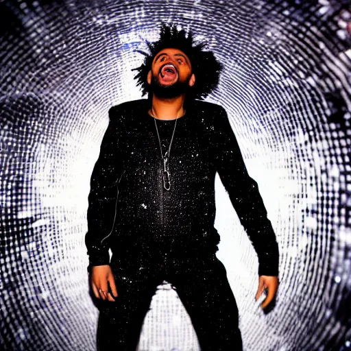 Image similar to the weeknd inside a huge disco ball, wearing black jumpsuit and holding a microphone, hyper detailed, realistic, octane render, sharpness