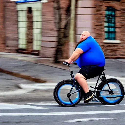 Prompt: a very fat man riding a tiny bicycle 8k real