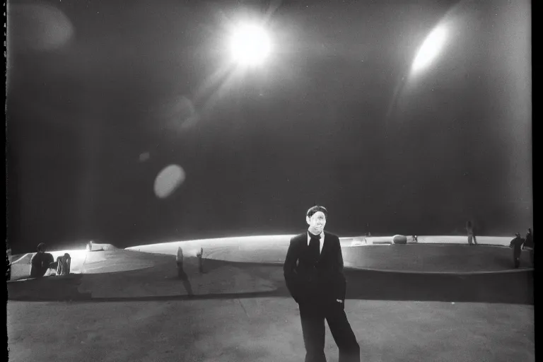 Image similar to a young man stands in the planetarium, planets and stars at background, low low exposure, decisive moment, anri cartier bresson