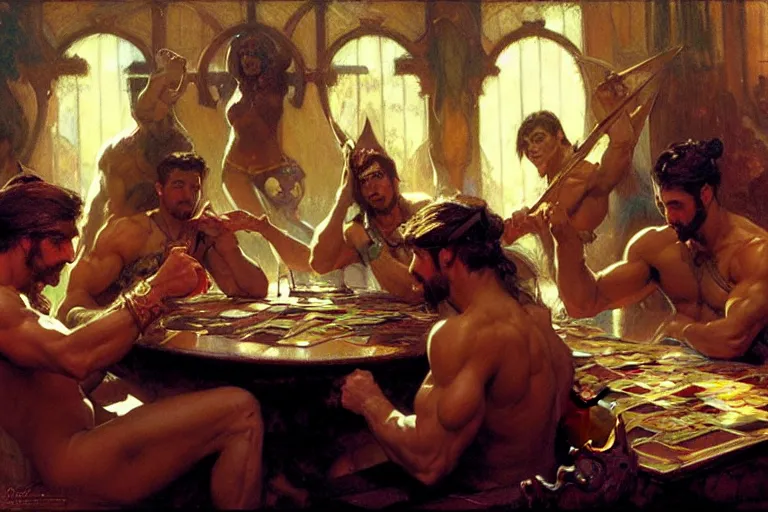 Prompt: muscular attractive wizards playing magic in bar, painting by gaston bussiere, craig mullins, greg rutkowski, alphonse mucha