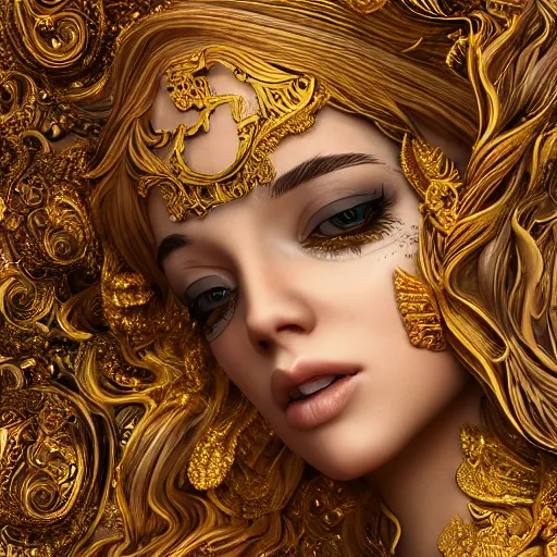 Image similar to wonderful princess made of golden marble, beautiful face, hyper detailed, flowing psychadelic background intricate and detailed, ornate 8 k gorgeous intricate detailed, octane render