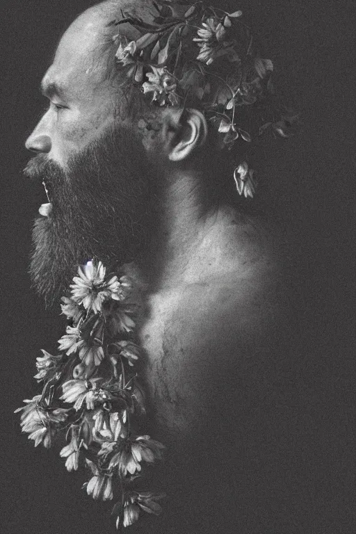 Image similar to a man's face in profile, long beard, flowers and fruit coming out of his mouth, in the style of the Dutch masters and Gregory Crewdson, dark and moody