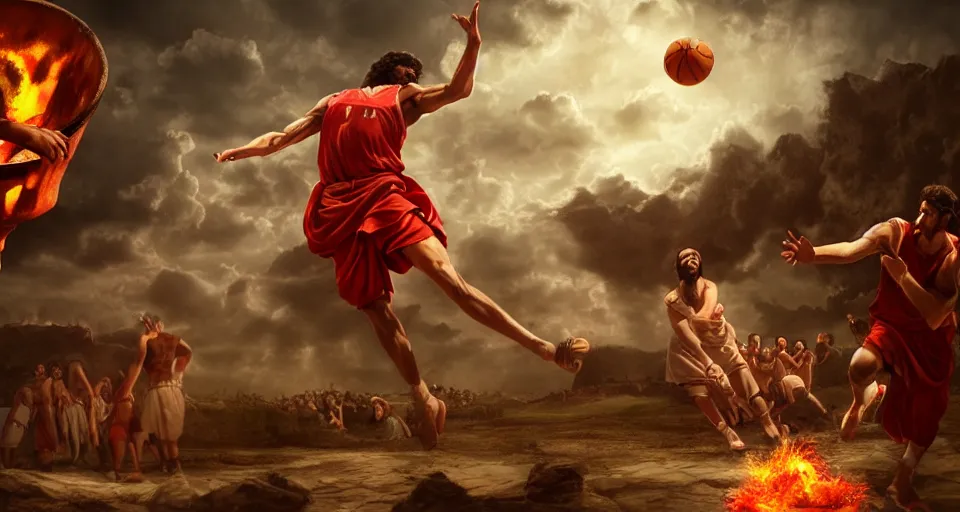 Image similar to biblical scene of jesus dunking a basketball versus satan, michaelangelo, matte painting, concept art, 4 k