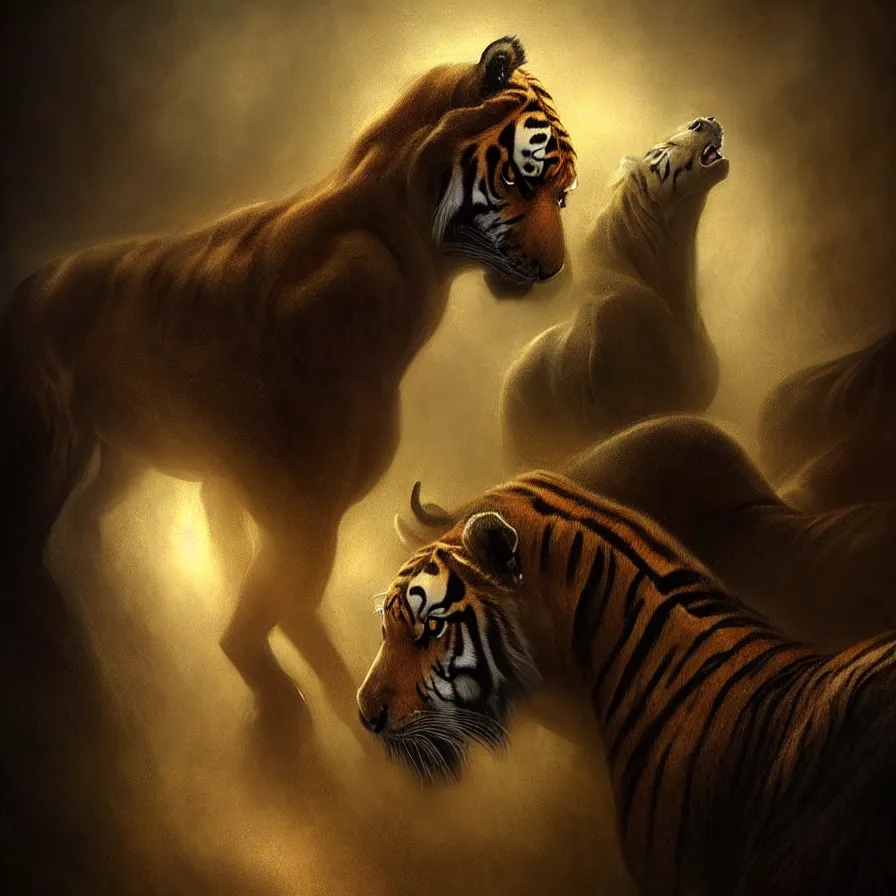 Image similar to epic professional digital art of 🐯🐴, atmospheric lighting, painted, intricate, detailed, foreboding, leesha hannigan, wayne haag, reyna rochin, ignacio fernandez rios, mark ryden, iris van herpen, best on artstation, cgsociety, wlop, pixiv, stunning, gorgeous, much wow, cinematic, masterpiece