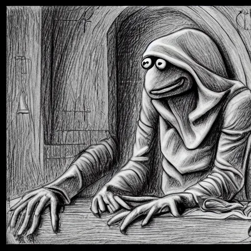Image similar to Kermit the Frog in the deepest part of Hell, in the style of the Divine Comedy by Dante Alighieri, pencil sketch