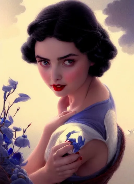 Image similar to disney snow white ( ( ana de armas ) ), dreamscape, sultry, cute, adorable, girl, masterpiece, intricate, elegant, highly detailed, my rendition, digital painting, artstation, concept art, smooth, sharp focus, illustration, art by greg rutkowski and uang guangjian and gil elvgren and sachin teng, symmetry!!