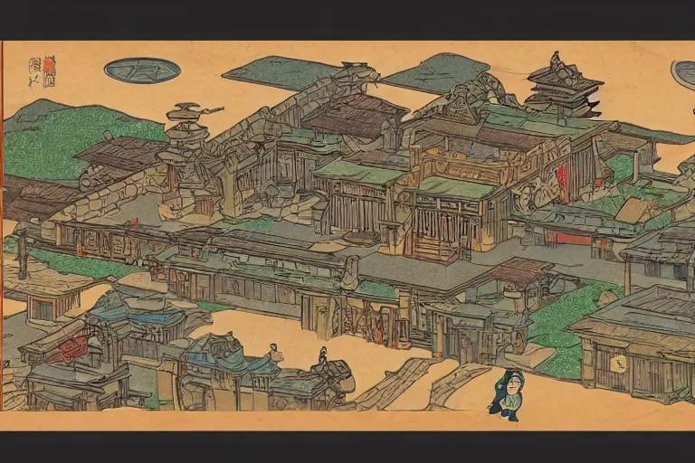 Image similar to a dungeons and dragons castle town. first person view from alleyway. r / retrofuturism and ukiyo - e