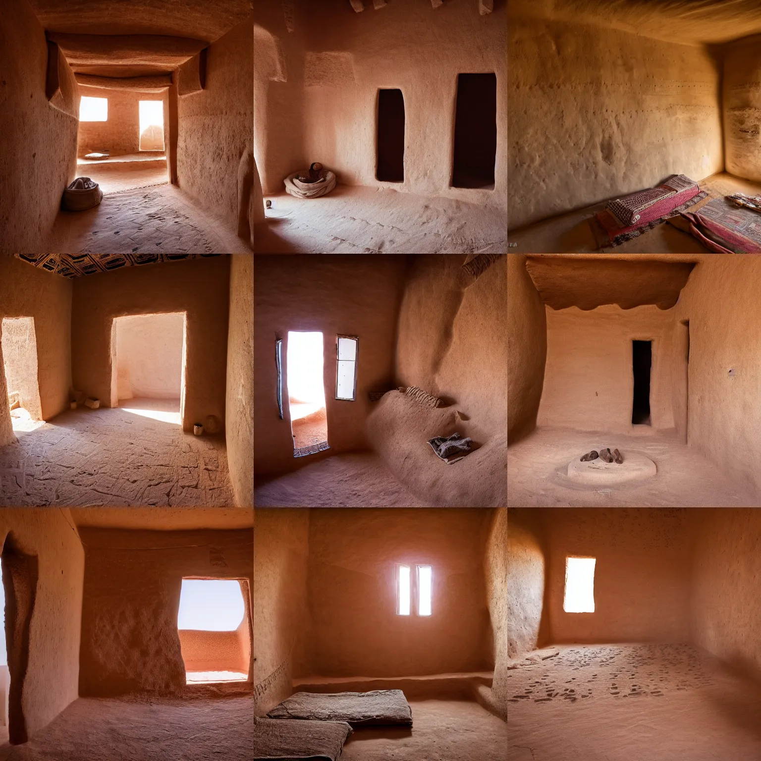 Prompt: High-quality photography of the bedroom of an old Tuareg house made of mud bricks, Timbuktu, National Geographic