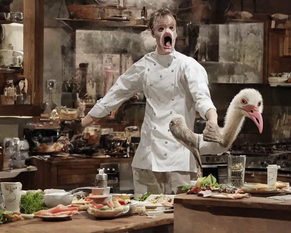 Image similar to a horror movie featuring a ostrich hosting a cooking show,