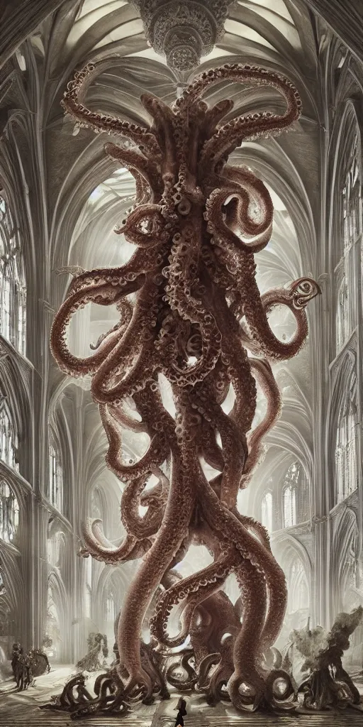 Image similar to group of mankind species mages with enormous translucent octopus heads floating around inside an ancient mage castle hall colossal scale, gothic and baroque, brutalist architecture, ultradetailed, intricate details by Ellen Jewett and Ayami Kojima