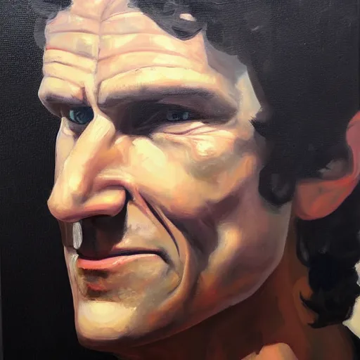 Image similar to Oil painting of Todd Howard smirking, stunning, amazing, trending on artstation HQ, deviantart