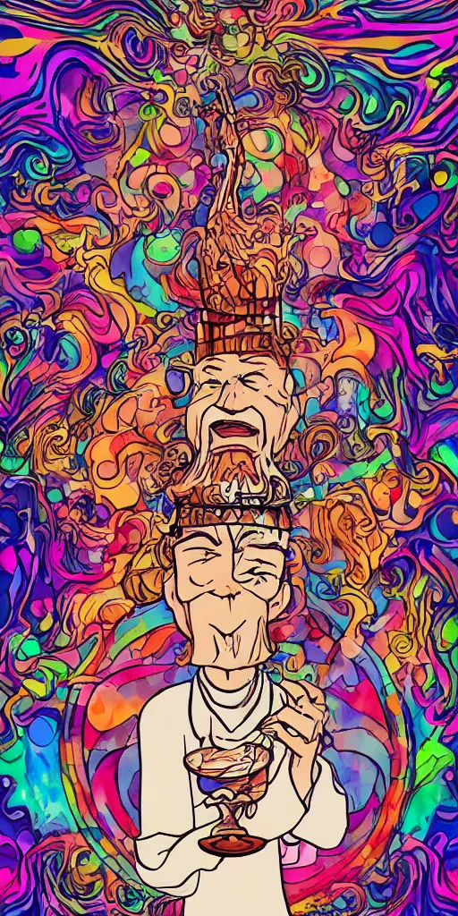 Image similar to a mystical man with a goblet on the table, wizard hat, psychedelic, Korean animation