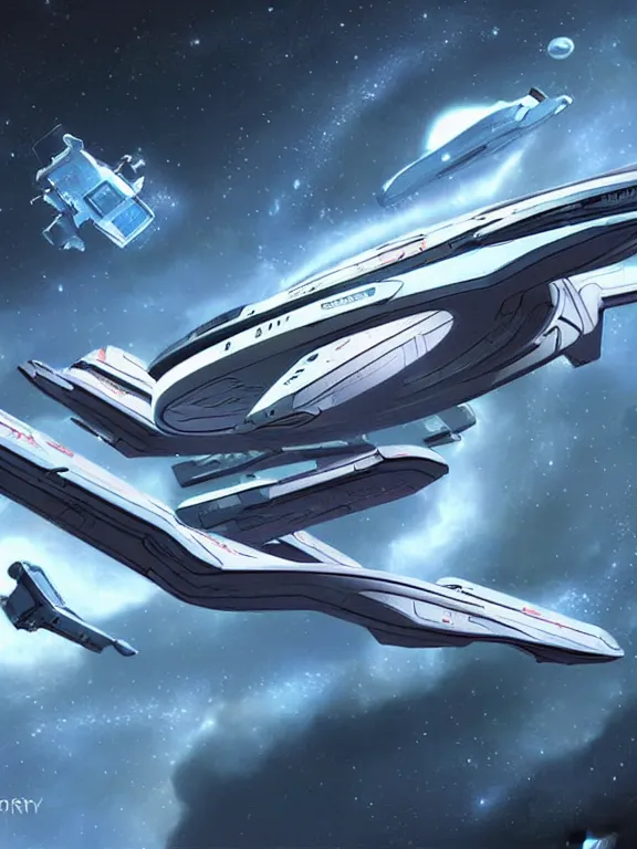 Image similar to futuristic symmetric flying spaceship from star trek, concept art, detailed, in space, by lin hongy