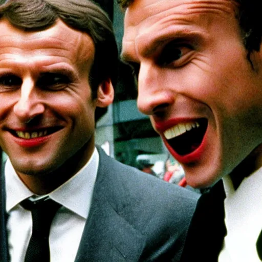 Image similar to Emmanuel Macron vicious smile in American Psycho (1999)