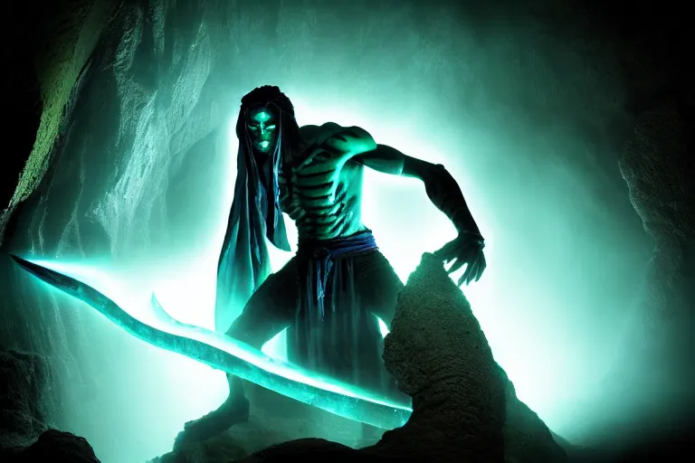 Image similar to vfx film, soul reaver, raziel irl, price of persia movie, missing jaw, hero pose, devouring magic souls, glowing green soul blade, in epic ancient sacred huge cave temple, flat color profile low - key lighting award winning photography arri alexa cinematography, hyper real photorealistic cinematic beautiful, atmospheric cool colorgrade