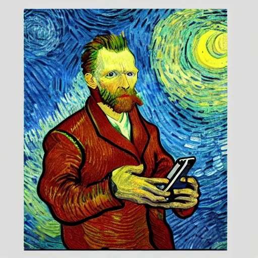 Image similar to a vivid self portrait of van Gogh, holding a smartphone, oil on canvas, trending on artstation