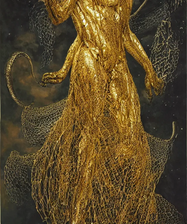 Prompt: a portrait photograph of a fierce sadie sink as a strong alien harpy queen with amphibian skin. she is dressed in a golden lace shiny metal slimy organic membrane dress and transforming into an evil insectoid snake bird. by donato giancola, walton ford, ernst haeckel, peter mohrbacher, hr giger. 8 k, cgsociety