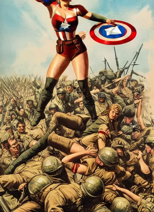 Image similar to beautiful jewish female captain america standing on a pile of defeated german soldiers. feminist captain america wins wwii. american wwii propaganda poster by james gurney