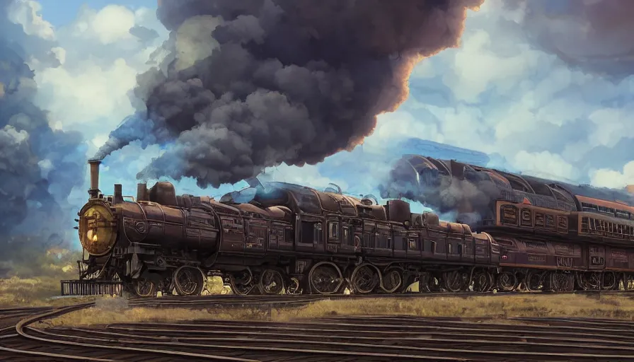 Prompt: A highly detailed matte painting of the biggest steampunk train ever, with smoke, by Studio Ghibli, Makoto Shinkai, by Artgerm, by beeple, by Greg Rutkowski, volumetric lighting, octane render, 4K resolution, trending on artstation, masterpiece