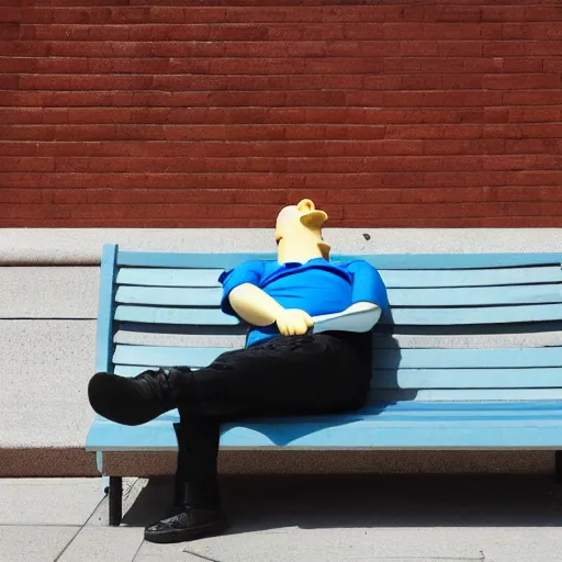 Image similar to Homer Simpson sleeping on a bench in New York city, 8k photo