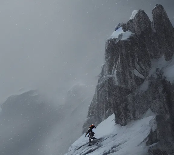 Image similar to a climber climbs a snowy mountain in a storm, close view, painting by craig mullins, octane rendering, soft morning lighting, wide angle lens, in the style of hayao miyazaki, trending on artstation,