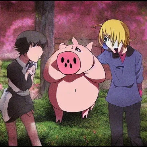 Image similar to an anime of a pig screaming in horror as another pig gets barbequed, funny, by Disney