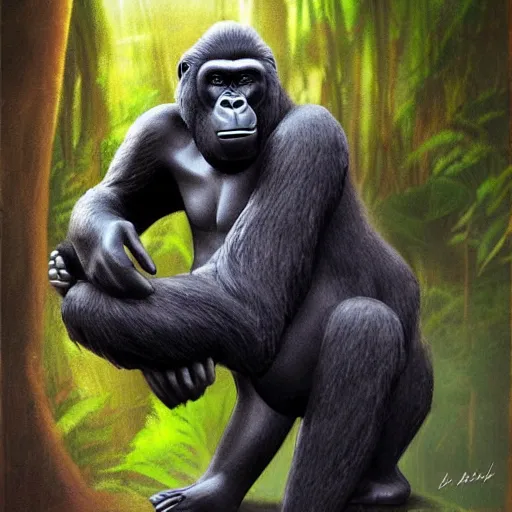 Prompt: A sculpture of a gorilla in the jungle , artwork by Aaron Blaise disney, art station concept art