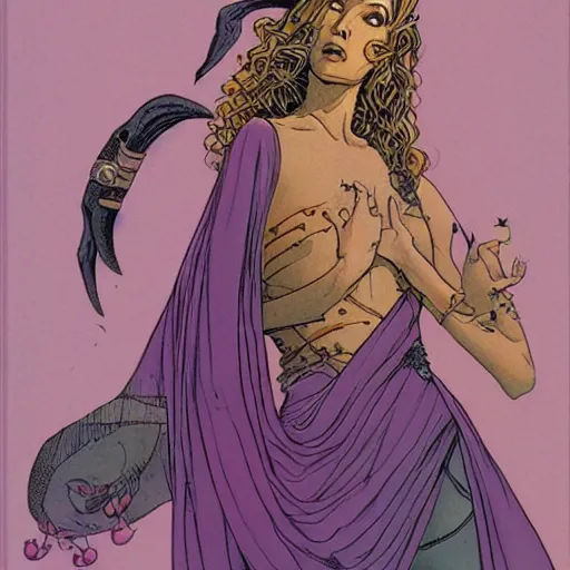 Image similar to half - length portrait of beautiful witch circe in the odyssey, art by moebius