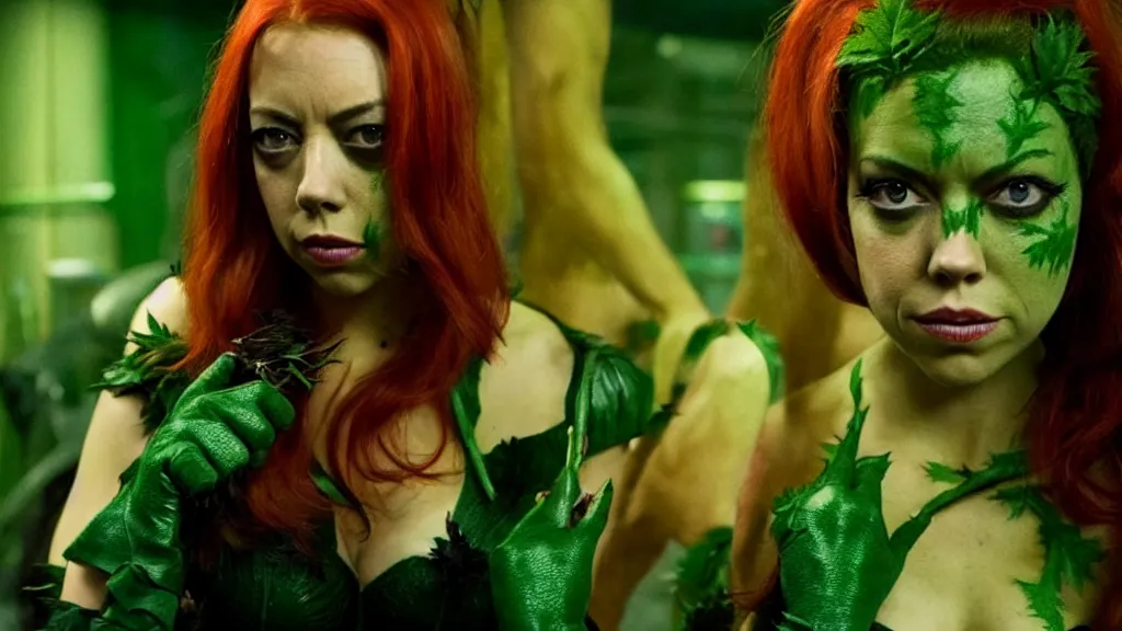 Image similar to Aubrey Plaza as Poison Ivy in The Dark Knight, green skin film still from the movie directed by Denis Villeneuve with art direction by Salvador Dalí, wide lens