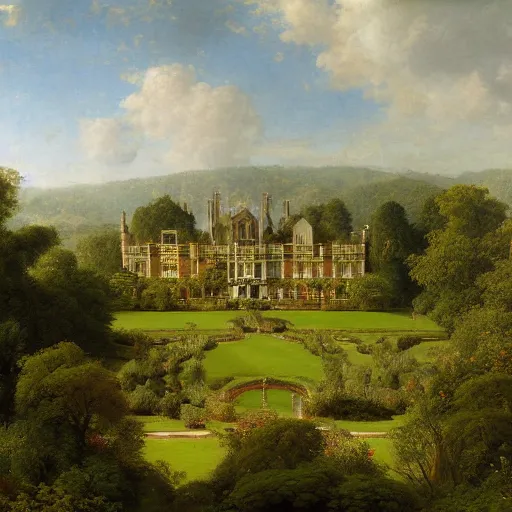 Image similar to aerial view of english stately home, lawns, gardens, lake, woodland, fantasy, carl spitzweg, g liulian, david curtis, christophe vacher, james paick