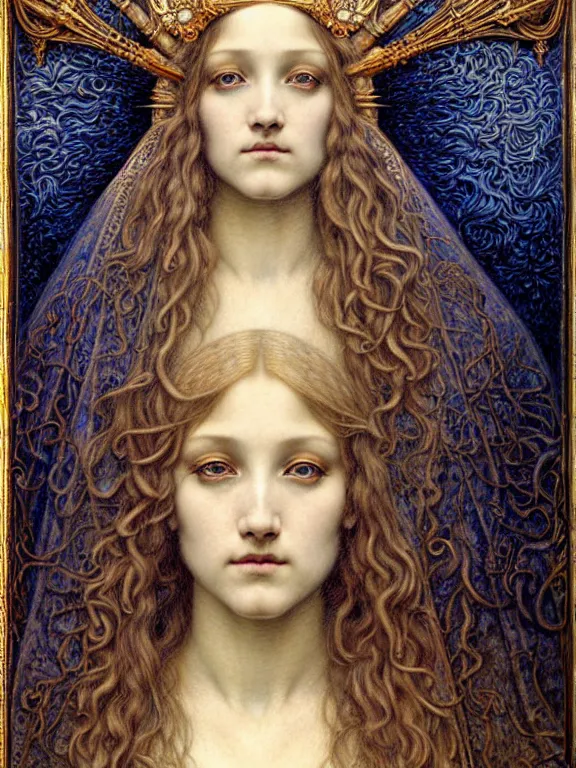 Image similar to detailed realistic beautiful young medieval queen face portrait by jean delville, gustave dore and marco mazzoni, art nouveau, symbolist, visionary, gothic, pre - raphaelite. horizontal symmetry