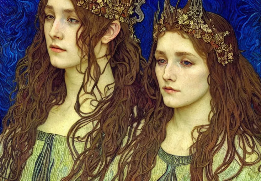Image similar to detailed realistic beautiful young medieval queen face portrait by jean delville, alphonse mucha, vincent van gogh, and marco mazzoni, art nouveau, symbolist, visionary, gothic, pre - raphaelite