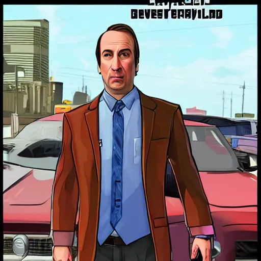 Image similar to Saul Goodman from Better Call Saul as a GTA character portrait, Grand Theft Auto, GTA cover art